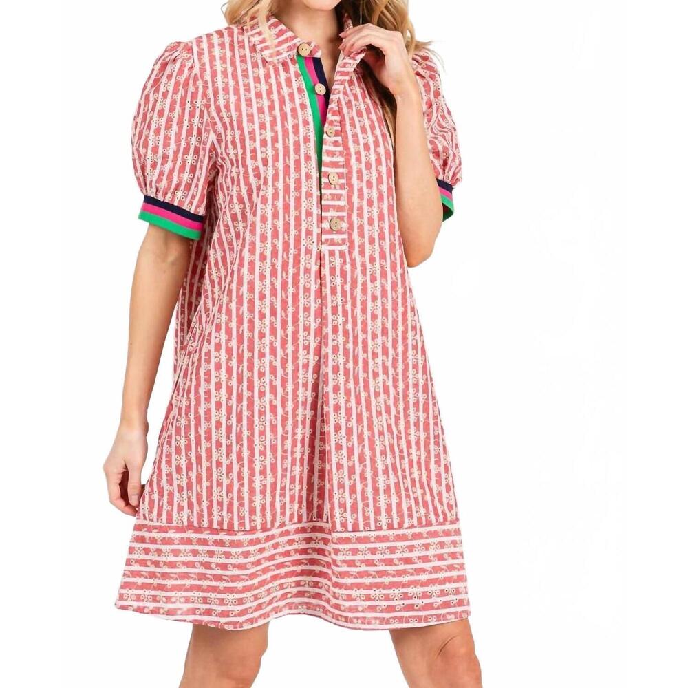 NEW SEWN AND SEEN striped floral collared puff sleeve mini dress in red